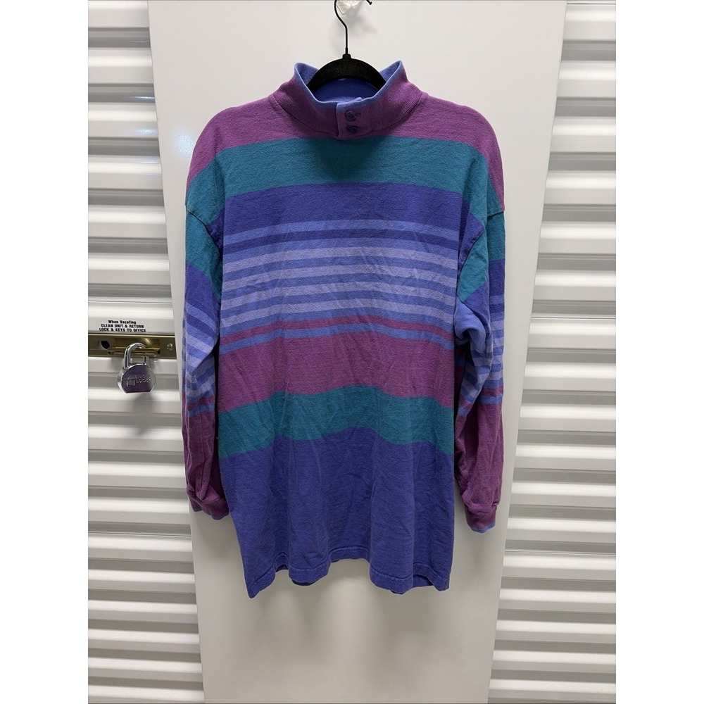 Vintage LL Bean Turtleneck Shirt Purple Multicolor Striped Made in USA Size XL